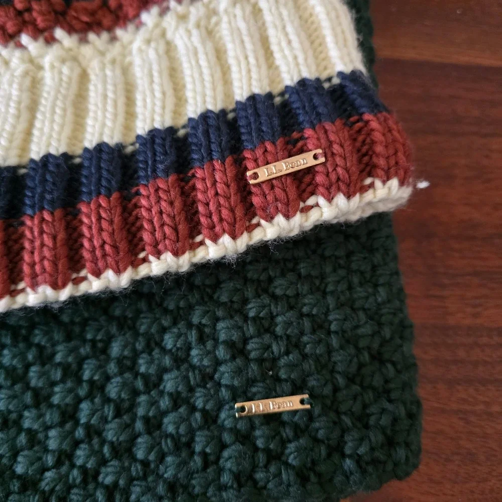 LL Bean Women Wicked Cozy Set Emerald Spruce Green Knit Scarf Pom Beanie OSFA